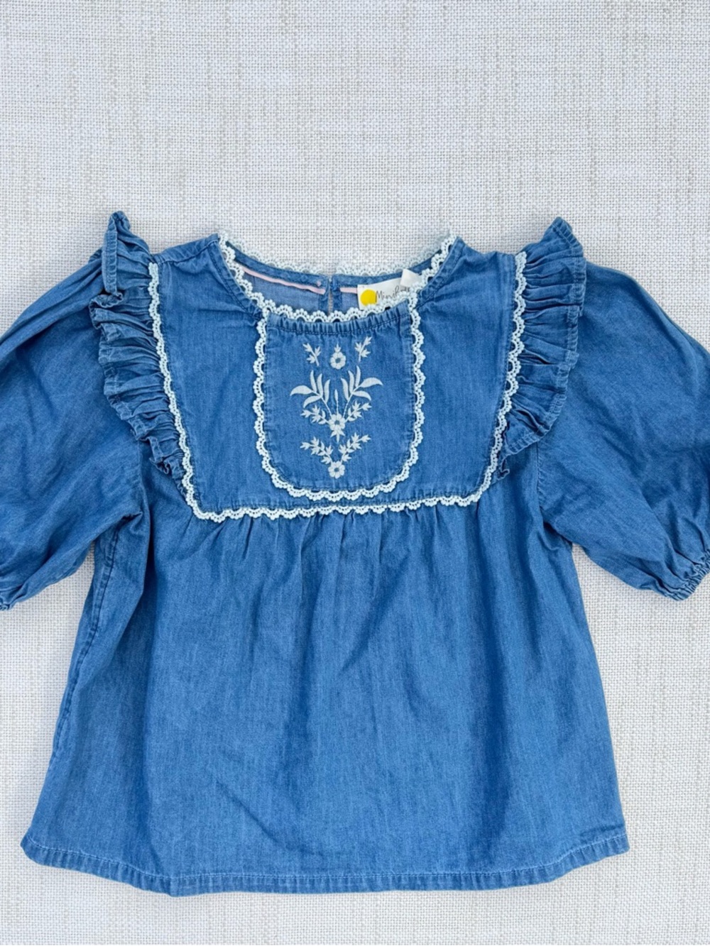 Mini Boden Blue Denim Embroidered Ruffle Yoke Top size 8/9